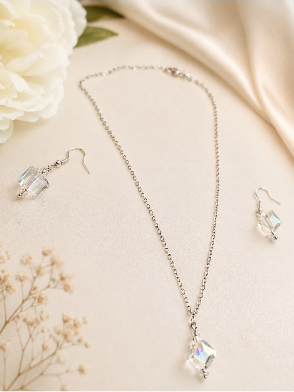 Clear Crystal Cube Pendant Necklace and Earring Set - Silver Tone